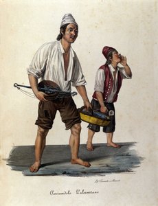 Kleines Straßenhandwerk: Verkäufer von lebenden Fischen. Sizilien, Gravur des 19. Jahrhunderts von Unknown artist