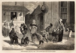 Kleine Saltibanks führen akrobatische Nummern mit Musik auf den Straßen von Yedo (oder Edo, kaiserliche Hauptstadt, heutiges Tokio) auf. Gravur zur Illustration der Reise nach Japan in den Jahren 1863-1864 von Aime Humbert, Minister der Schweizerischen Eid
