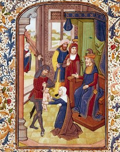 Salomons Urteil. Zwei Frauen behaupten, die Mutter desselben Kindes zu sein. Miniatur aus einem Manuskript des 15. Jahrhunderts. Coimbra, Bibliothek der Universität.