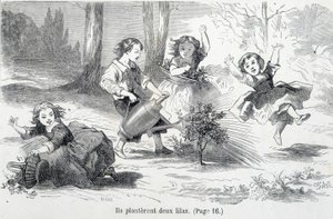 Sophie und ihre Freunde pflanzen Flieder - in „Die Missgeschicke der Sophie“ von der Gräfin von Ségur, Hachette von Unknown artist