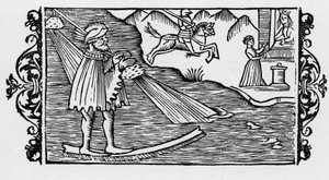 Zauberer überquert das Meer mittels eines Zaubers - in „Historia de Gentibus Septentrionalibus“ von Olaus Magnus, Rom 1555