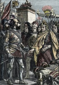 Spanische Eroberung Mexikos: Treffen zwischen Hernan Cortes und Montezuma II im Jahr 1519 von Unknown artist