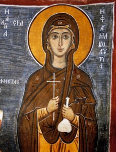 Die heilige Anastasia, Heilerin der Pferde mit Flasche Heilmittel und Kreuz, byzantinische Kirche Unserer Lieben Frau von Asinou (12. Jahrhundert) (Unesco-Welterbeliste, 2001), Troodos-Gebirge, Zypern, Detail von Unknown artist