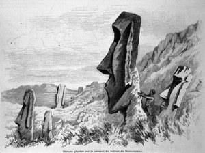 Statuen auf dem Hang des Vulkans Ronoraraka auf der Osterinsel (Rapa Nui). Gravur von 1871.