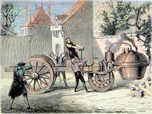 Dampfgetriebenes Auto, erfunden von Nicolas Joseph Cugnot (1725-1804), außer Kontrolle geraten und einen Teil einer Mauer umgestoßen im Jahr 1770 (erster gemeldeter „Autounfall“) - in „Album de la Science; berühmte Wissenschaftler; Große Entdeckungen“ 1896 von Unknown artist
