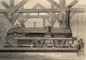 Dampflokomotivmodell, Crampton-System benannt nach Thomas Russell Crampton (1816-1888). Gravur von 1856.