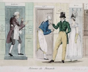 Sonntagsessen (Lebensmittelhändler, Café, Apotheke) - Gravur von Unknown artist