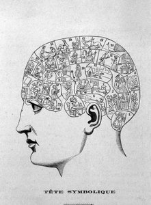 Symbolischer Kopf. Illustration aus Charles Rouvins Buch von 1873 „La Tête humaine“, illustrierte Studien der Phrenologie und Physiognomie angewandt auf berühmte Persönlichkeiten, Paris 1873. von Unknown artist