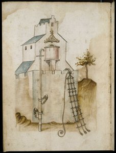 Systeme zum Klettern an Wänden - Manuskript: Pergamentblatt aus einem Ingenieurshandbuch für den Bau ziviler, religiöser und militärischer Gebäude, anonym, spätes 15. Jahrhundert (Figur in chinesischer Tinte)