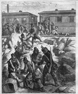 DER ANGRIFF AUF DEN ZUG DES WILDEN WESTENS - die Pazifik-Eisenbahn - Zug von maskierten Banditen überfallen - Gravur von 1887 von Unknown artist