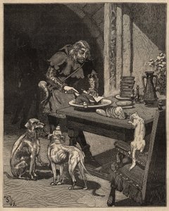 Tischkunst: schneidet Lebensmittel vor dem Eintreffen der Gabel. Ein Mann hält das Fleisch mit einem Blatt Papier in einer Hand und benutzt sein Messer in der anderen. Gravur von 1885 in „Les arts et metiers illustres“ von Adolphe BITARD von Unknown artist