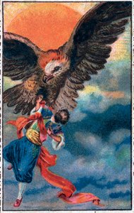 Abflug mit einem Adler. Die wunderbaren Abenteuer von Sindbad dem Seefahrer. Beliebte Geschichte aus 1001 Nacht. Chromolithographie aus dem späten 19. Jahrhundert. von Unknown artist