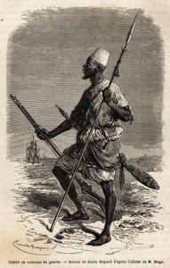 Talibe (ein junger Schüler, der den Koran studiert) aus der Armee von König Ahmadu (Toucouleur), in einem Kriegskostüm. Gravur zur Illustration der Reise in den westlichen Sudan von Leutnant (Marine) M. Mage, 1863-1866, veröffentlicht in „Le tour du monde,