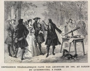 Telegrafisches Experiment von Guillaume Amontons im Jahr 1690 im Jardin du Luxembourg, Paris, Gravur 19. Jahrhundert. Bianchetti-Sammlung von Unknown artist
