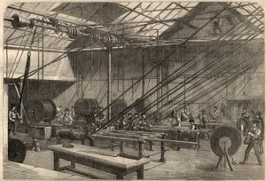 Telegrafie: Herstellung des transatlantischen Kabels. Maschinen, die das Guttapercha-Kabel in der Fabrik von Glass, Elliot and Company in Wharf Road in London, England, beschichten. Gravur in „The Illustrated London News“ vom 14. März von Unknown artist