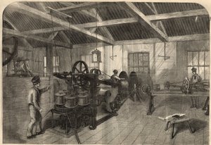 Telegraphie: Herstellung des transatlantischen Kabels in der Fabrik von Glass, Elliot and Company in East Greenwich (England). Gravur in „The Illustrated London News“ vom 14. März von Unknown artist