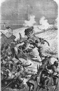 Der 75-jährige Veteran John Talot führte eine Expedition von 3000 Mann an, die am 17. Oktober 1452 in Guyenne landete. Gravur, die Talbots Tod in der Schlacht darstellt. Gravur des 19. Jahrhunderts von Unknown artist