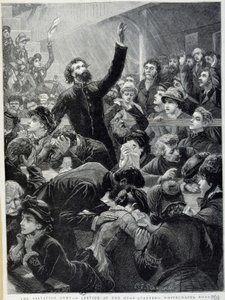 Die Heilsarmee - Verteilung am Hauptquartier Whitechapel Road im Jahr 1881