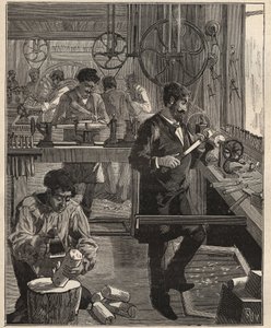 Die Kunst des Drehens: Drechslerwerkstatt auf Holz. Gravur von 1885 in „Les arts et métiers illustrés“ von Adolphe Bitard.