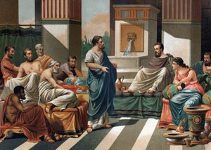Das Bankett des Periander (Tyrann oder König von Korinth) für die sieben Weisen Griechenlands. Von links nach rechts: Bias, Äsop, Anacharis, Cleobule, Solon, Pythagoras, Periander und seine Frau Melisse. Nach „La Ciencia y sus Hombres“ von Louis Figuier. B