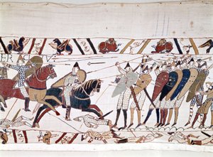 Die Schlacht von Hastings, gewonnen von Wilhelm I. dem Eroberer (1027 - 1087) am 14.10.1066, bei der König Harold II. von England (1022 - 1066) starb. Teppich von Bayeux, bekannt als Stickerei der Königin Mathilde von Unknown artist