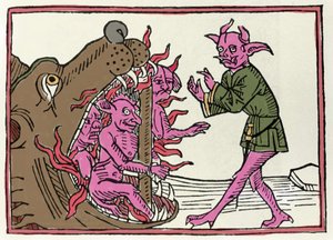 Der Belial-Prozess: „Der Belial-Dämon kehrt zum Eingang der Unterwelt zurück“. Gravur aus „Der Belial-Prozess“ von Jacobus de Teramo (oder Palladino), Augsburg