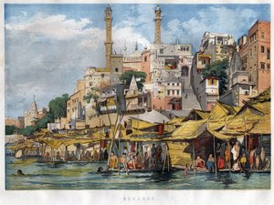 Der Benares-Ghat in Indien (heutiges Varanasi) (Ghat bezeichnet die Stufen, die die Ufer der Flüsse und die Ufer der Becken und Reservoirs bedecken, die den Abstieg in Kontakt mit Wasser ermöglichen). Gravur von 1857. von Unknown artist