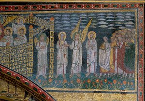 Die Auserwählten, geführt von einem Engel: Detail vom Triumphbogen mit dem himmlischen Jerusalem. Mosaik, frühes 9. Jahrhundert. S. Prassede, Rom, Italien