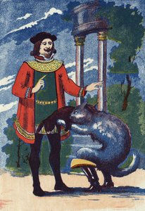 Der gestiefelte Kater bietet dem König ein Kaninchen an. Illustration für „Le chat Botte“, Märchen von Charles Perrault (1628-1703), französischer Schriftsteller. Anonyme Illustration. Bildmaterial Marcel Vagne, Jarville Nancy, undatiert (spätes 19. Jahrhu