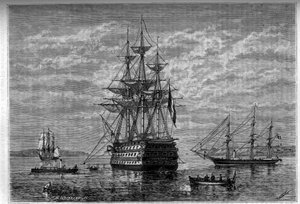 Die „Borda“ und ihre Anhänge „Janus“ und „Bougainville“. Gravur im „Le journal de la jeunesse“. von Unknown artist
