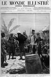 Die Brazza-Mission in Westafrika: Pietro Paolo Savorgnan di Brazza oder Pierre Paul Francois Camille Savorgnan de Brazza (1852-1905) organisiert einen Konvoi von Batekes-Trägern nach Franceville (Gabun) am 14. Dezember von Unknown artist