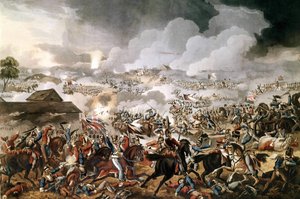 Die britische Armee unter dem Kommando des Herzogs von Wellington (1769 - 1852) gewann die Schlacht von Waterloo gegen die französischen Truppen Napoleons I. am 18.06.1815. Zeitgenössische Gravur von Unknown artist