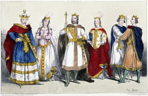 Die Karolinger: Karl II. genannt der Kahle (823-877) und Richilde von Ardennen oder Provence (845-910), Ludwig II. genannt der Stammler (846-879) und Ansgarde von Burgund (826-880 oder 882), Ludwig III. (863-882) und Karlmann II. (867-884) - Tafel aus Köni von Unknown artist