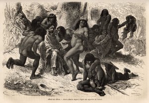 Die Chunchos-Indianer überfielen das Team von Marcoy im Caravaya-Tal (Anden-Kordillere), aber diese hatten nichts zu stehlen, die Indianer hatten Spaß daran, die Entdecker auszuziehen und sie mit Rocoo-Samen zu schminken. Gravur zur Illustration der Reise  von Unknown artist