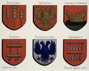 Die Wappen von Gent (Beispiel der Wappen des Mittelalters): Bäcker, Färber, Bootsbauer, Seiler, Blaumaler, Kerzenmacher