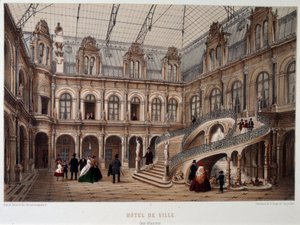 Der Ehrenhof des Hôtel de Ville de Paris - Lithographie von Unknown artist
