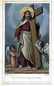 Das Kreuz ist das Heil der Welt. Volksbild über Christus, der das Kreuz trägt. Zwei Engel stehen an seiner Seite. Um 1850 von Unknown artist