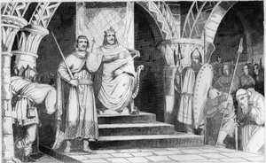 Die Krönung von Chilperic II. (670-721) - Chilperic II. (670-721) wird 715 von Rainfroi (Ragenfred) (Bürgermeister des Neustrier Palastes) auf den Thron gesetzt - Gravur von 1825 in „Histoire de France“ von Unknown artist
