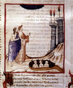 Die Göttliche Komödie von Dante Alighieri. Hölle. Miniatur, die die Stadt Dity darstellt. Manuskript aus dem 14. Jahrhundert. Stadtbibliothek von Rimini