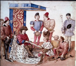 Der Herzog der Bretagne überreicht sein Schwert den Königen der Waffen. Miniatur aus dem Turnierbuch von König René von Anjou (1409-1480) um 1460. Paris, B.N. von Unknown artist