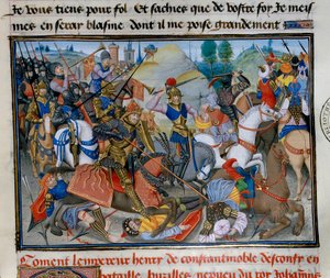 Der Kaiser von Konstantinopel Heinrich I. von Flandern Hainaut (1177-1216) während einer Schlacht. Miniatur aus „Chronique abrégée“ von David Aubert von Unknown artist