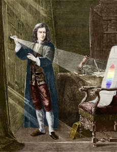 Der englische Physiker Isaac Newton (1642-1727) zerlegt Licht mit einem Glasprisma. Gravur von 1880 von Unknown artist