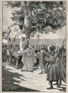 Der Ahorn von Tons in der Schweiz, zu dessen Füßen der Abt von Disentis, die Grafen von Sachsen und Werdenberg und der Baron von Razuns 1424 den Oberbund oder Graubündner Bund schworen, der die helvetische Unabhängigkeit vorbereitete. Gravur von 1885. von Unknown artist