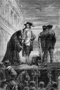 Die Hinrichtung von König Karl I. - Hinrichtung von König Karl I. Stuart von England (1600-1649) in Whitehall - Der König gibt dem Bischof seine Halskette mit den Worten „Erinnere dich“ - Gravur in „The History of England, from the Most Retarse Times“ von Unknown artist
