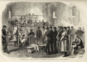 Die Fenian-Rebellion, Untersuchung von Mr. Cleary im Gerichtsgebäude von Kilmallock - 1867 - Ein Prozess gegen Fenians vor dem Gericht von Kilmallock in Irland - 1867 - Gravur aus „Das illustre Universum“ von 1867 von Unknown artist