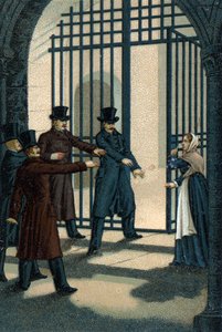 Die vier Sergeanten (Bories, Pomier, Raoulx und Goudin) von La Rochelle, die unter der Restauration beschuldigt wurden, die Monarchie stürzen zu wollen, und 1822 guillotiniert wurden. Ihr Verbrechen war die Zugehörigkeit zur Charbonnerie (Carboneria). von Unknown artist