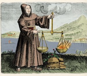 Der Franziskanermönch, Philosoph und Alchemist Roger Bacon (Doctor Mirabilis) (1214-1294) bei einem Experiment. Gravur aus „Symbola aureae mensae duodecim nationum“ von Michael Mayer 1617