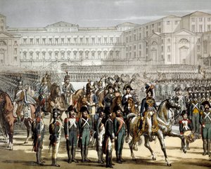 Der französische General und König von Neapel Gioacchino (Joachim) Murat überprüft die cisalpinische Miliz vor der Villa Reale de Monza am 07.08.1801 von Unknown artist