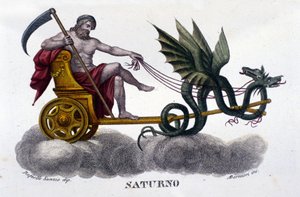 Der Gott Saturn (oder Kronos) auf einem von zwei Drachen gezogenen Wagen. Nach einer Illustration von Raffaello Sanzio. Gravur des 19. Jahrhunderts von Unknown artist