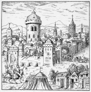 Die Hugenotten in Amboise, wo König Franz II. war (Verschwörung von Amboise) - in „Collection of 39 figures representing the calamities of France from 1562 to 1586“; Louis Perrin Druckerei von Unknown artist